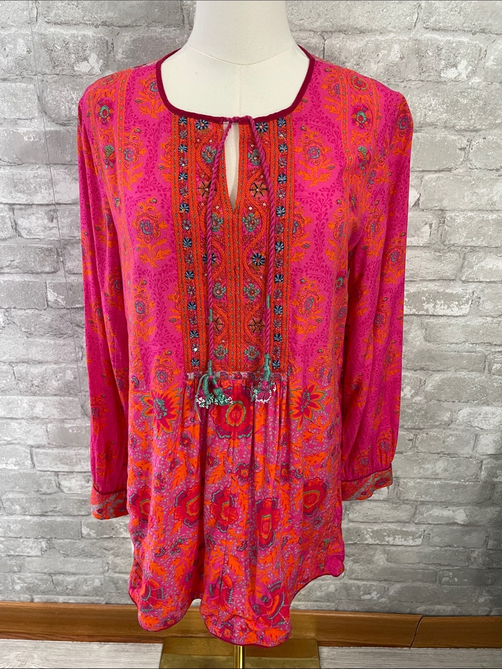 Soft Surroundings Fuchsia and Orange Embroidered Boho Tunic